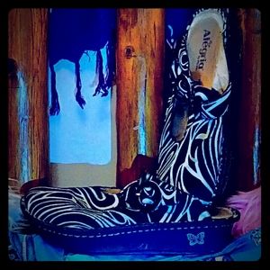 Zebra striped Alegria mules by PG lite